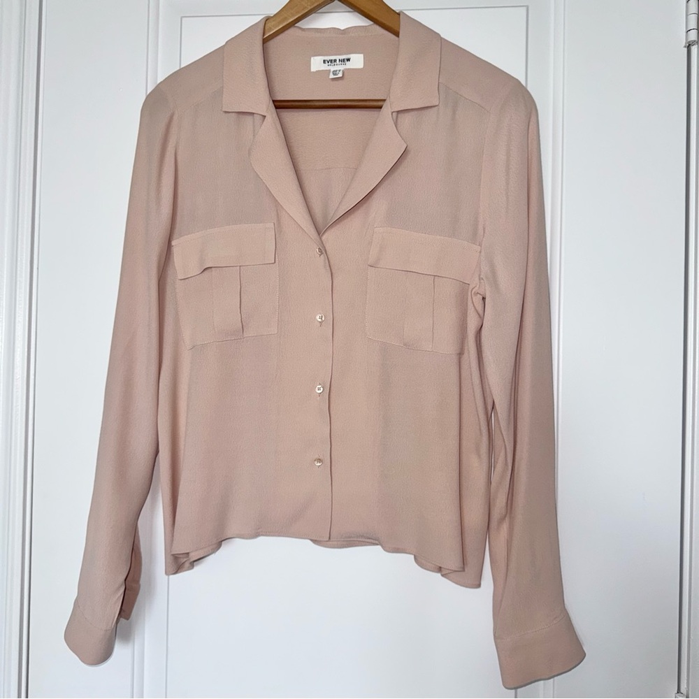 Ever New Light Pink Blush Rose Button-Down Blouse with Pockets, size 6 medium